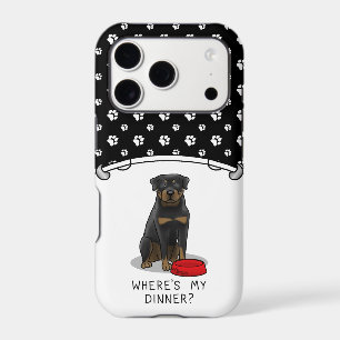 Where's My Dinner? Rottweiler with Red Dog Dish