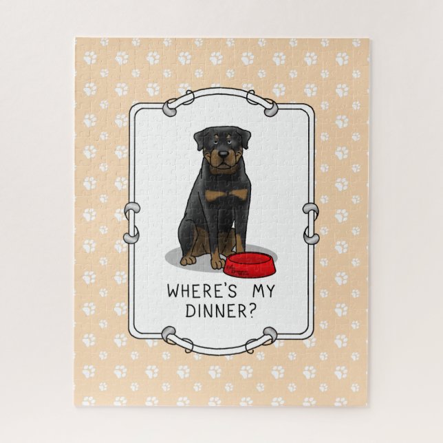 Where's My Dinner? Rottweiler with Red Dog Dish Jigsaw Puzzle (Vertical)