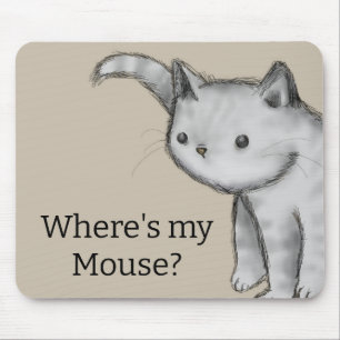 "Where's my Mouse? Whimsical Pencil Drawing Cat Mouse Mat