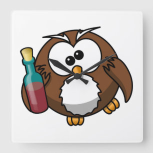 "WHERE'S THE PARTY?" DRUNKEN OWL SQUARE WALL CLOCK