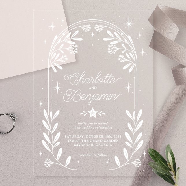 Whie Celestial Starry Floral Arch Wedding Acrylic Invitations (Creator Uploaded)