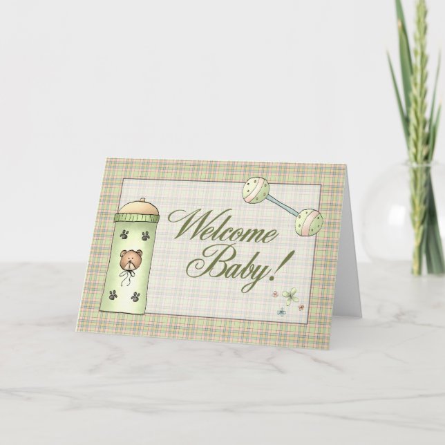 Whimical Plaid Welcome Baby Announcement (Front)