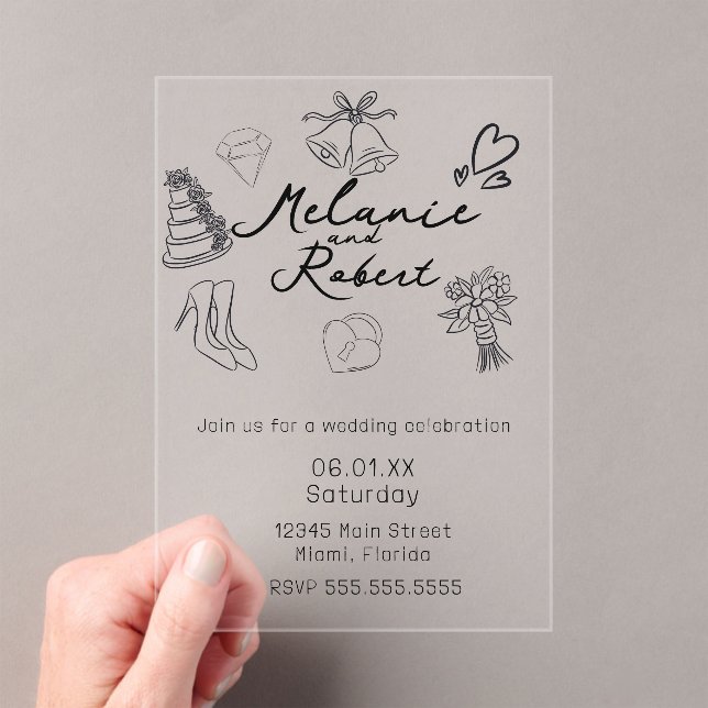 Whimiscal Cute Doodles Black White Wedding Acrylic Invitations (Insitu (Handheld))