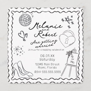 Whimiscal Doodles Black White Frame Wedding Invitation