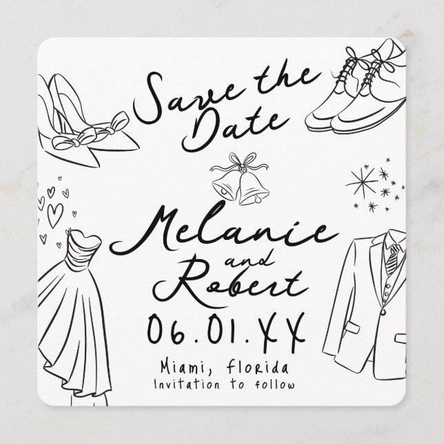 Whimiscal Doodles Groom Bride Save the Date Invitation (Front)