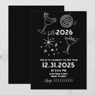 Whimiscal Doodles Hello 2026 New Years Gold Holiday Card