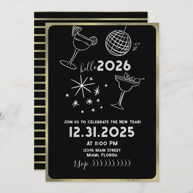 Whimiscal Doodles Hello 2026 New Years Gold Holiday Card (Front/Back)