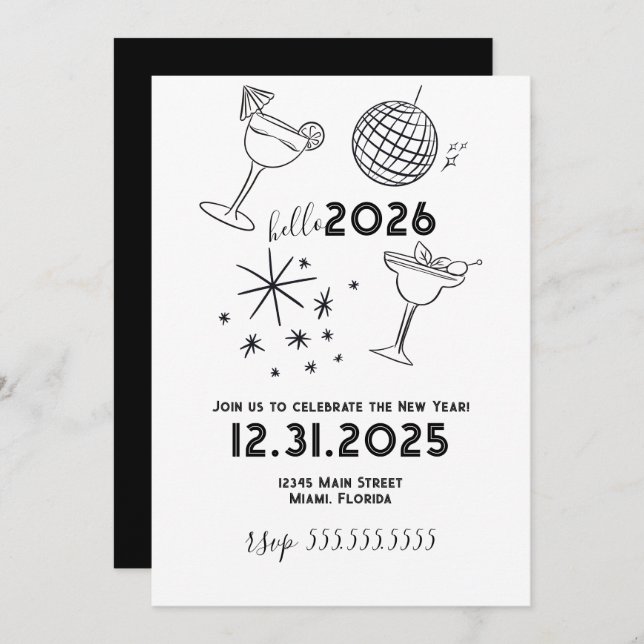 Whimiscal Doodles Hello 2026 New Years Gold Holiday Card (Front/Back)