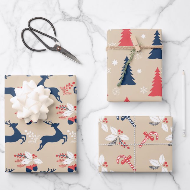 Whimiscal Nordic Christmas Trees and Deers Wrapping Paper Sheet (Front)