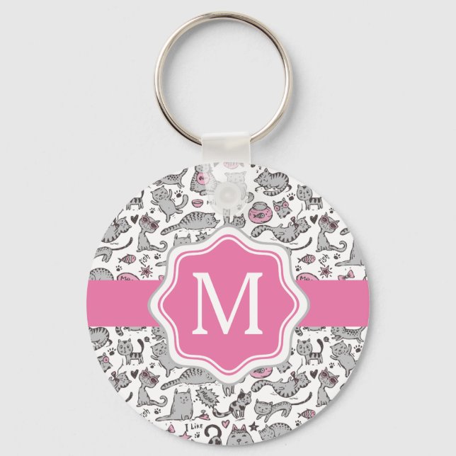 Whimiscal Pink and Gray Cartoon Cat Gift Ideas Key Ring (Front)