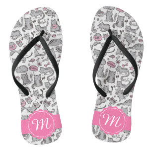 Whimiscal Pink and Grey Cartoon Cat Gift Ideas Flip Flops