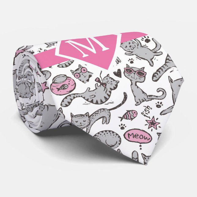 Whimiscal Pink and Grey Cartoon Cat Gift Ideas Tie (Rolled)