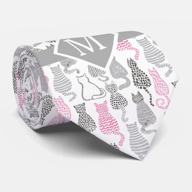 Whimiscal Pink and Grey Sketch Cat Gift Ideas Tie (Rolled)