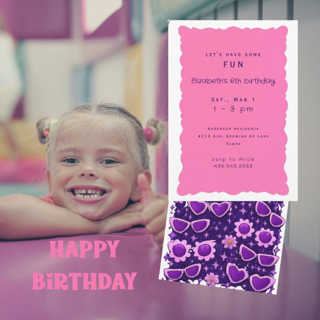 Whimiscal Purple and Pink 6th Birthday Party Invitation (Creator Uploaded)