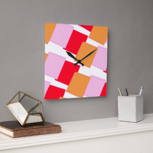 Whimiscal Squares Red Orange Pink Square Wall Clock