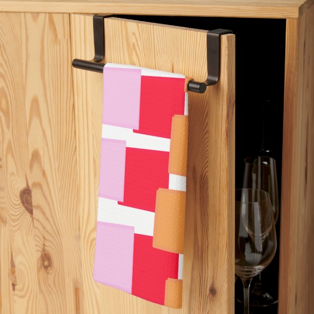 Whimiscal Squares Red Orange Pink  Tea Towel (Thirds Fold)