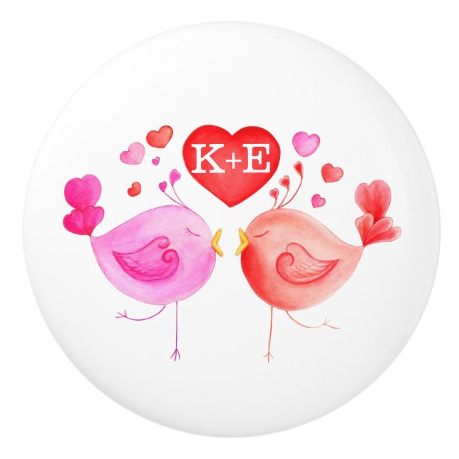 Whimiscal watercolor love birds art initials ceramic knob (Front)