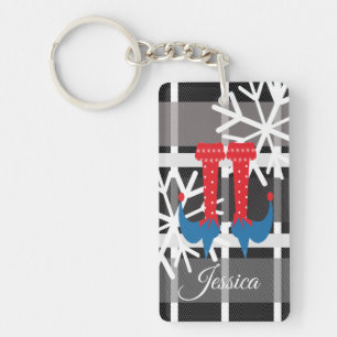 Whimisical Christmas Elf Feet Snowflakes Plaid Key Ring
