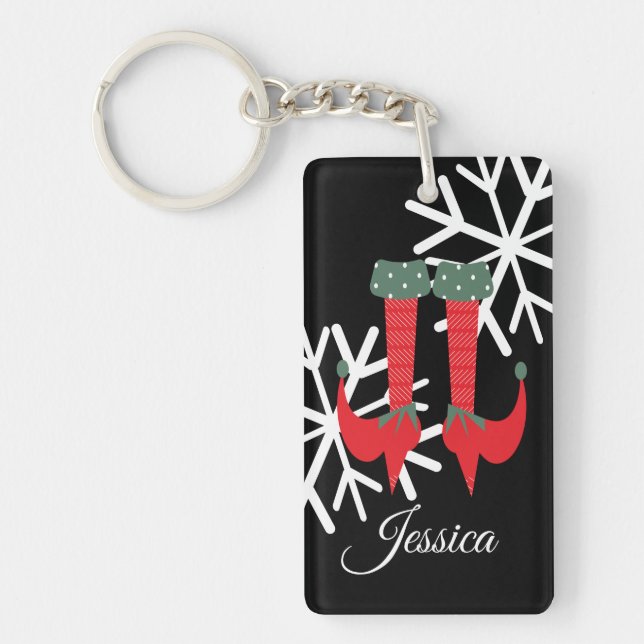 Whimisical Christmas Elf Feet Snowflakes Stocking Key Ring (Front)