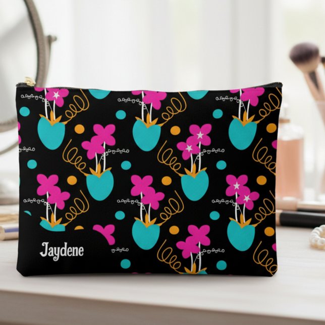 Whimisical Flower Pots In Bright Colors Accessory Pouch (Bright, bold, and super cute, this teal pink makes makeup or school stuff way more fun.)