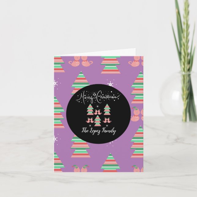 Whimisical Merry Christmas Cat Pattern Purple Thank You Card (Front)