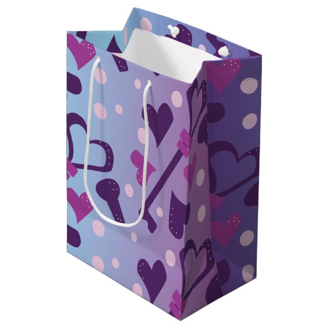 Whimisical Purple Hearts Valentines Day Medium Gift Bag (Front Angled)