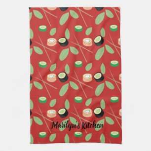 Whimisical Sushi Rolls and Chopsticks Greenery Tea Towel