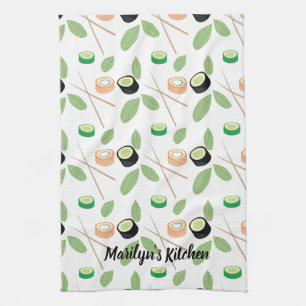 Whimisical Sushi Rolls and Chopsticks Greenery Tea Towel