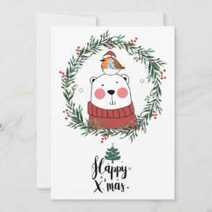 Whimscal Christmas Bear And Santa Bird Holiday Card