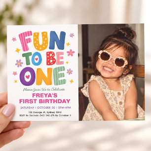 Whimscal Fun to Be One Girl First Birthday Photo Invitation