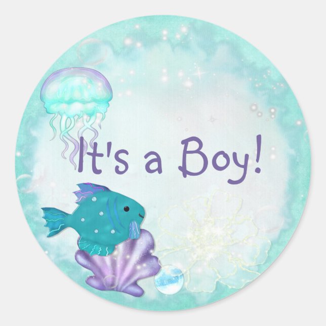 Whimsey Aquarium 2 Folk Art ITS A BOY GIRL Classic Round Sticker (Front)