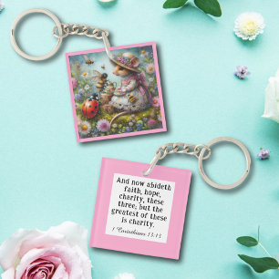 Whimsical 1 Corinthians 13:13 Scripture Cute Mouse Key Ring