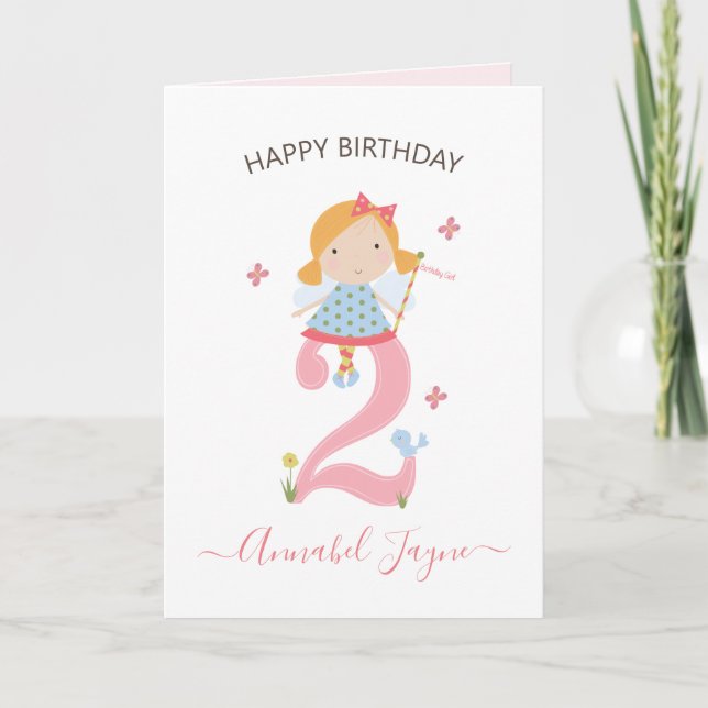Whimsical 2nd birthday fairy girls cute pink  card (Front)