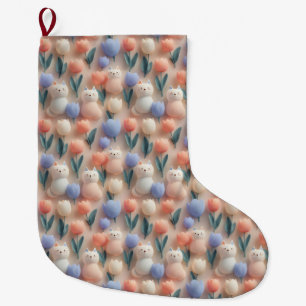 Whimsical 3D Cat and Tulip Seamless Pattern Large Christmas Stocking