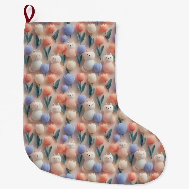 Whimsical 3D Cat and Tulip Seamless Pattern Large Christmas Stocking (Front)