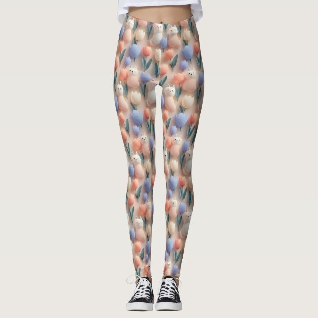 Whimsical 3D Cat and Tulip Seamless Pattern Leggings (Front)