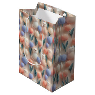 Whimsical 3D Cat and Tulip Seamless Pattern Medium Gift Bag