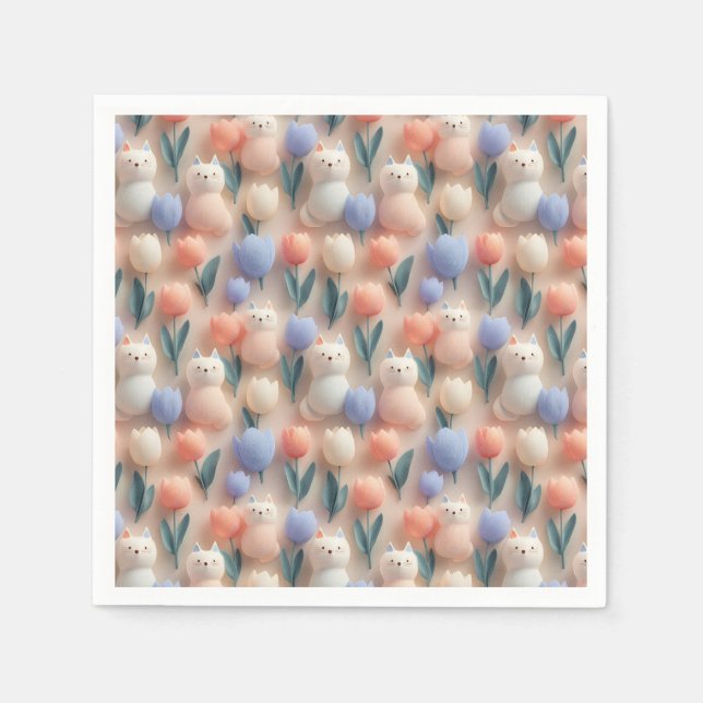 Whimsical 3D Cat and Tulip Seamless Pattern Napkin (Front)