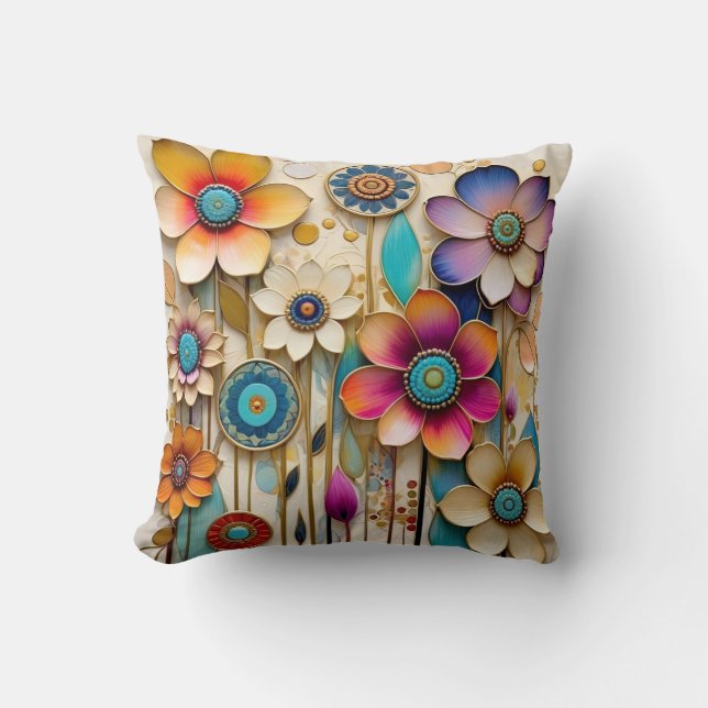 Whimsical 3D papercut flowers Cushion (Front)