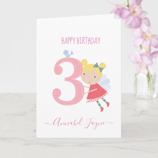 Whimsical 3rd birthday fairy, girls cute pink card (Orchid)