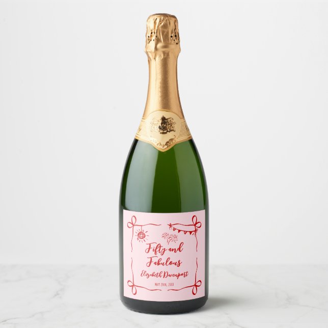 Whimsical 50 and Fabulous Doodle and Bow Birthday Sparkling Wine Label (Front)