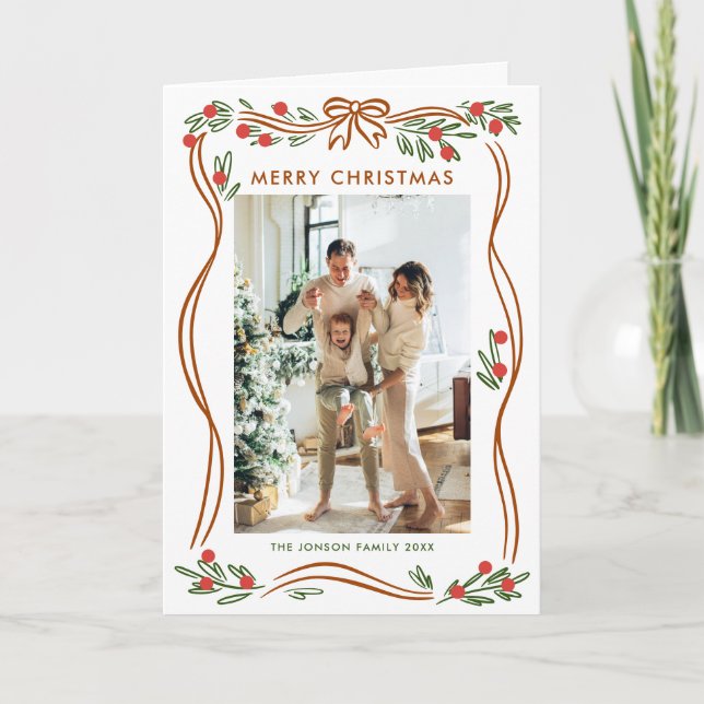 Whimsical 5 Photo Boho Beige Christmas Bow Ribbon Holiday Card (Front)