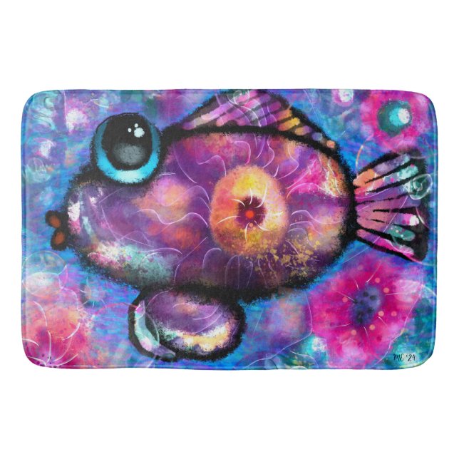 Whimsical Abstract Big-Eye Fish Purple Teal Pink Bath Mat (Front)
