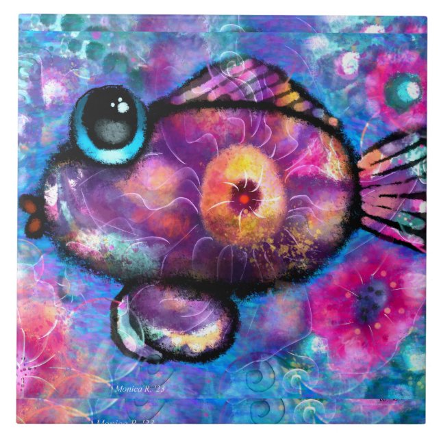 Whimsical Abstract Big-Eye Fish Purple Teal Pink Tile (Front)