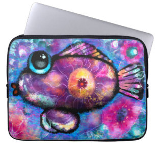 Whimsical Abstract Big-Eyed Fish Teal Pink Floral Laptop Sleeve