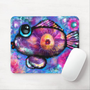 Whimsical Abstract Big-Eyed Fish Teal Pink Floral Mouse Mat