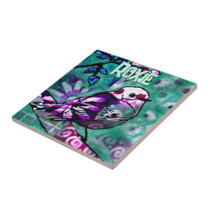 Whimsical Abstract Bird Floral Personalised Tile