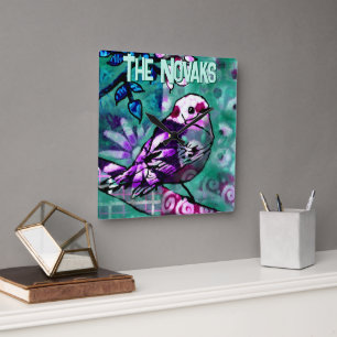 Whimsical Abstract Bird Floral Personalized Square Wall Clock