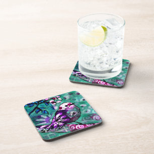 Whimsical Abstract Bird Floral Teal Purple Coaster