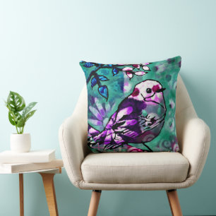 Whimsical Abstract Bird Floral Teal Purple Cushion